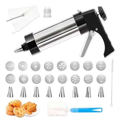 Edelstahl Gebäckpresse mit 9 Tüllen und 16 Schablonen Profi Teigspritze Kekspresse Spritzgebäck Gebäckspritze für spritzgebäck Plätzchenpresse für Kuchen Kekse Churros