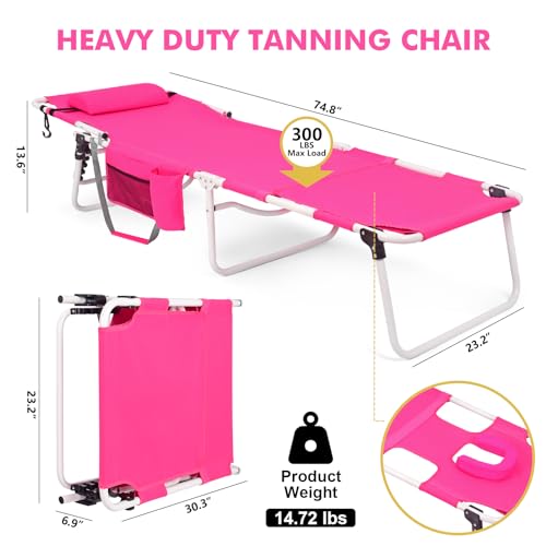 Minndudu Tanning Chair with Face Hole, Heavy Duty Outside Lay Flat Portable Folding Chaise Lounge Chair, with Arm Hole for Reading Beach Poolside Patio Sunbathing Lawn, 300 LBS, Pink by Minndudu - Image 2
