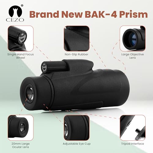 Image of Cezo 12x50 Monocular for Adults Kids,HD Monocular Scope for Gifts Monocular Telescope for Smartphone Watching Birds Hiking,Concert,Travelling- Black