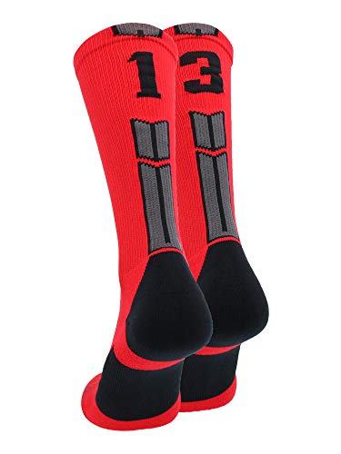 Image of MadSportsStuff Red and Black Player ID Custom Number Crew Socks for Basketball Lacrosse Volleyball Boys and Girls, #13, Medium