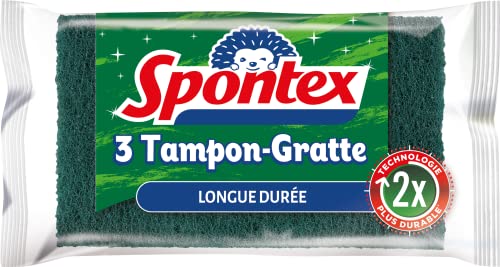 Spontex 3 Tampons-Gratte Longue Durée - Récure efficacement plus longtemps, Vert, 3 Unité (Lot de 1)