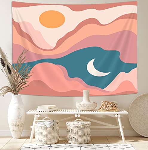 Retro Mid Century Tapestry Modern Minimalist Boho Wall Hanging Backdrop Abstract Landscape Desert Mountains Sun Moon Hippie 70S Poster For Room Home Decor 60X40 #TOP5