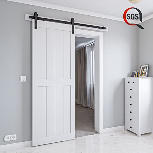 Coshomer 30In X 80In White Sliding Barn Door, Solid Wood Slab Inside Covered With Water-Proof Pvc Surface, Mdf, Easy Assembly, H-Frame #TOP3