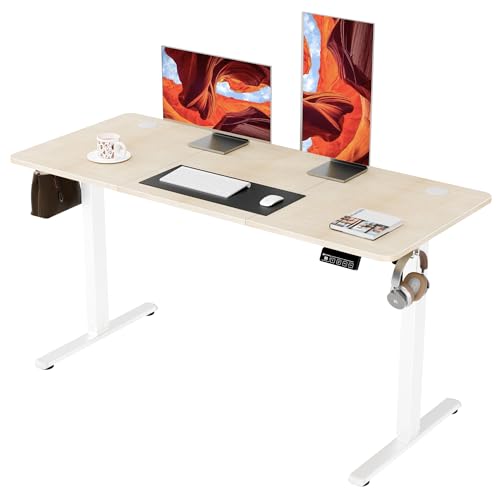 Image of ERGOMAKER Electric Standing Desk 140x60cm (55.1 inchx23.6 inch), Height Adjustable Sit Stand Desk with Splice Board for Home Office, Computer Desk Memory Preset (White Frame + Golden Oak Desktop)