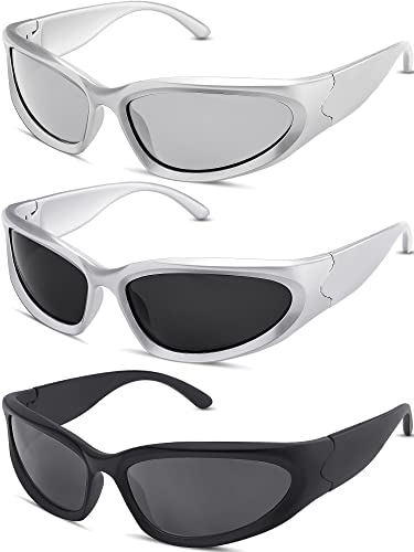3 Pairs Y2K Wrap Around Sunglasses Trendy Silver Glasses Oval Black Shades Sporty Futuristic Aesthetic for Women Men Rave