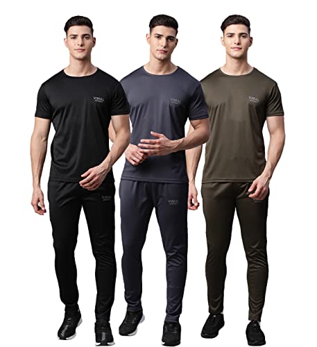 Image of Mack Jonney Dryfit Solid Lycra Tracksuit Co-ord Sets for Men (Pack of 3)-DRYFIT T D10 BLK GRY L.GRY 06-P