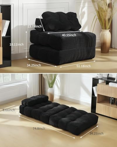 Thaookte Multi-Function 3-in-1 Sleeping Chair with Cushion - Cord Sofa, Button Binding, 10 mm Spacing, Foldable Futon Lounge Sofa and Comfortable Polyurethane Single Bed