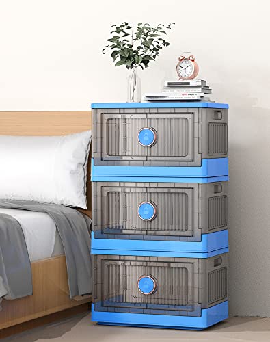 35L Lidded Collapsible Storage Bins, Plastic Folding Stackable Utility Crates, Storage Container Storage Box, Storage Bins With Lids And Wheels, Rotating To Lock And Unlock, 3-Pack,Blue #TOP6