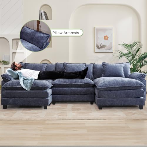 Image of Oprisen 120 inch Modular Sectional Sofa, Comfy Cloud Couch Sectional Sofa with Ottoman, Chenille Sofa Sleeper Deep Seat Sofa with Throw Pillows for Living Room (Blue, 120 inch- U Shape)