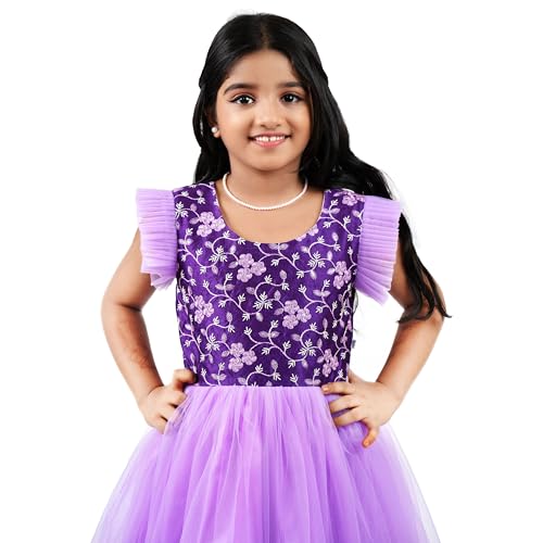 Image of Stanwells Kids Dress for Girls Embroiderd Full Length Frock for Baby Girls Flower Gown Ruffle Pattern Back Zipper Beautiful Sleeveless Birthday Dress for Girls Coral (1-9 Years)