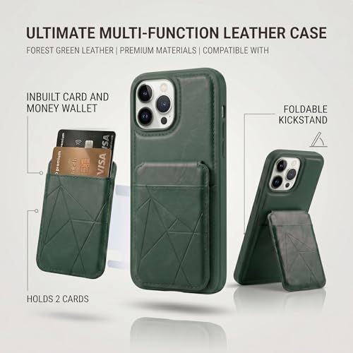 Image of amazon basics Premium Vegan Leather Back Cover with Card Holder and Integrated Mobile Stand for iPhone 16 Pro Max - Slim Shockproof Wallet Case with Geometric Stitching [Green]