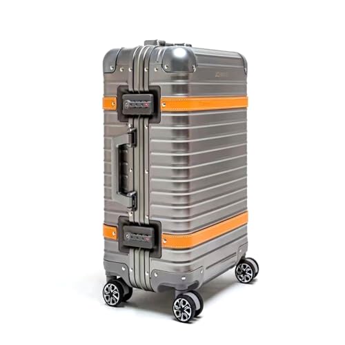 Mala de mão de titânio aprovada por companhias aéreas de 50 cm com rodas rodas giratórias de metal de luxo Titan Metal Hard Shell com trava TSA, Prata, Carry-On 20-Inch, Bagagem expansível de titânio