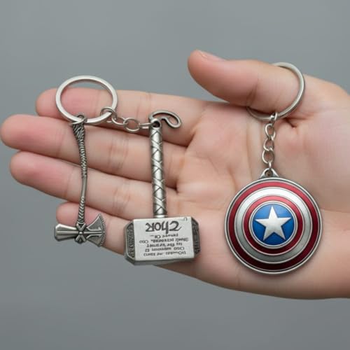 Image of MARVEL THOR Metallic SILVER Hammer,Stormbreaker /Axe & DR STRANGE,CAPTAIN AMERICA SHIELD Spinning KEYCHAIN,Heavy Quality Metal,Combo Pack for Kids Men Women Car Bike Home