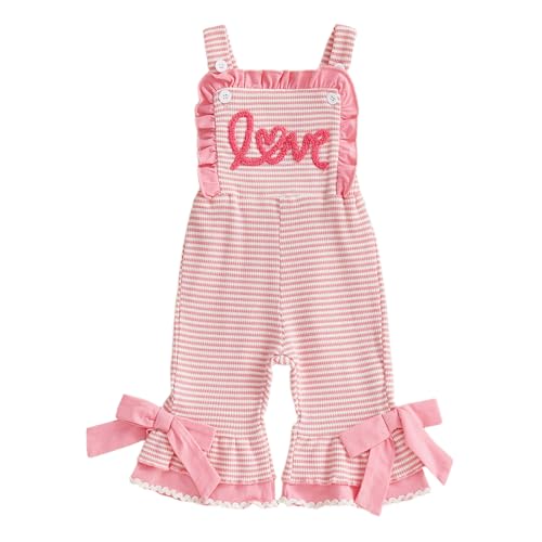 Image of NEVUQO Toddler Baby Girl St Patricks Outfit Lucky Charm Romper Jumpsuit Shamrock Sleeveless Flared Overalls Bell Bottoms