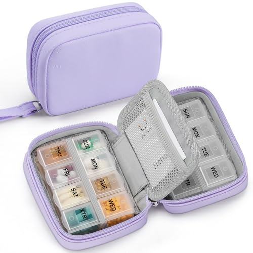 Image of Zannaki Cute Pill Organizer for Purse with Two Removable 7-Day Pill Box, Travel PU Leather Pill Case, Portable Weekly Pill Container with Storage Bag to Hold Vitamins, Fish Oils, Supplements (Purple)