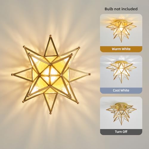 Image of Moravian Star Ceiling Light - 12.7 inch Brass & Hammered Clear Glass, Gold