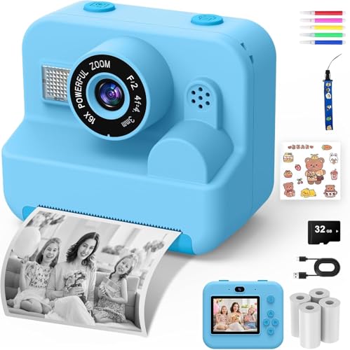 Macchina Fotografica Bambini Istantanea - 1080P 2.4' Selfie Fotocamera Bambini con Carta da Stampa e 32GB Scheda, Giocattolo Regalo Natale Bambino e Bambina 3-12 Anni (Blu)
