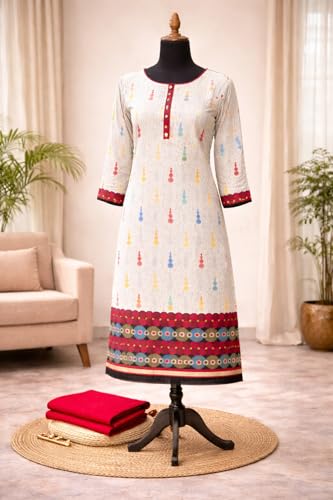 Image of Women's Cotton Blend Unstitched Kurti Set for Women | A-Line Style Dress Material | 2-Piece Traditional Ethnic Wear Suit Fabric