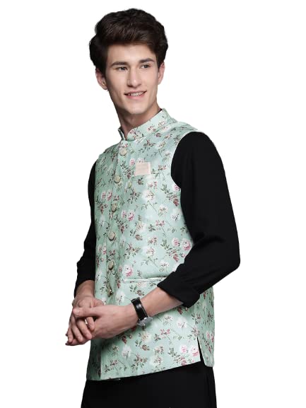 manyavar Men's Nehru Jacket for Ethnic Festival, Wedding, Party - Sleeveless (Green)-picture-21