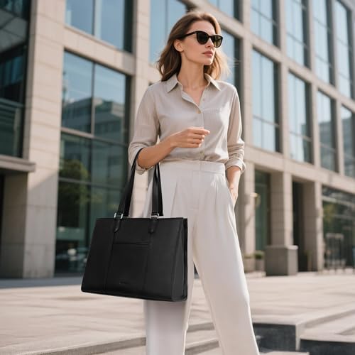 Image of befen Black Genuine Leather Tote Bag for Women Work, Womens Totes Purse Shoulder Bags with 15.6 inch Padded Compartment Handbags