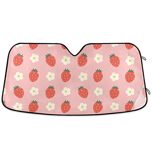 Car Windshield Sun Shade Pink Strawberry Car Sun Visor for UV Rays and Sun Heat Protection Cute Flowers Summer Blocks Heat and Sun Foldable Sun Shield 55x28 Inches, Automotive Interior Accessories