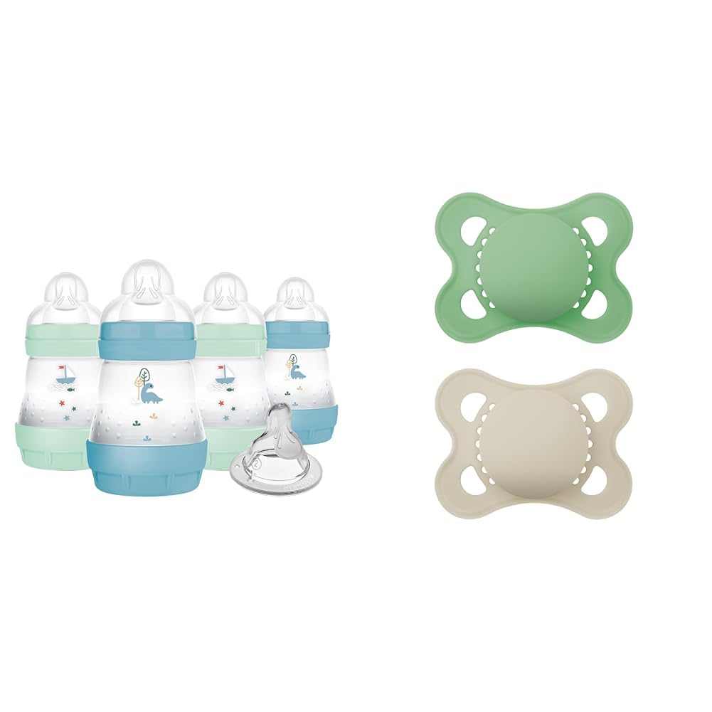MAM Anti-Colic Baby Bottle, Slow Flow, Breastfeeding-Like Silicone Nipple, Reduces Colic, Gas & Reflux, BPA-Free, Self-Sterilizing, with 2 Pack MAM Original Matte Baby Pacifiers, 0-6 Months