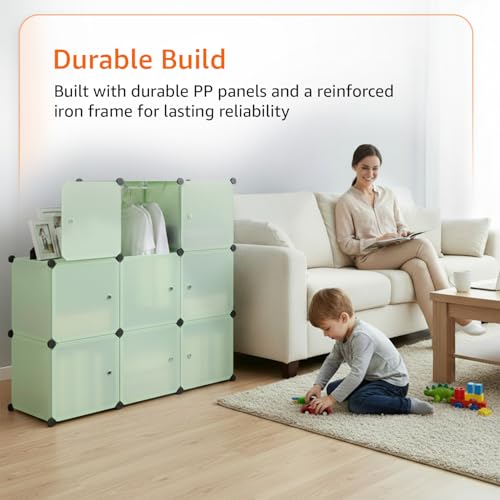 Image of Amazon Basics Plastic Modular Wardrobe Storage Cabinet for Home | 8 Cube Organizer with Doors | DIY Foldable Closet for Clothes, Toys & Essentials | Green with Stickers | 75 x 37 x 128 cm