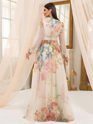 Image of TOLEEN Summer Casual Dresses for Women 2024 Spring Fashion Boho V Neck Long Sleeve Ruffle Floral Print Elegant Maxi Dress