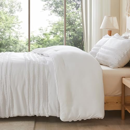 Image of BEDELITE Boho King Size Comforter Set - White Tufted Striped Bed Set 3 Pieces, Soft Vintage Farmhouse Comforter for All Seasons, Boho Home Decor,Fluffy Jacquard Bedding with Pillow Sham