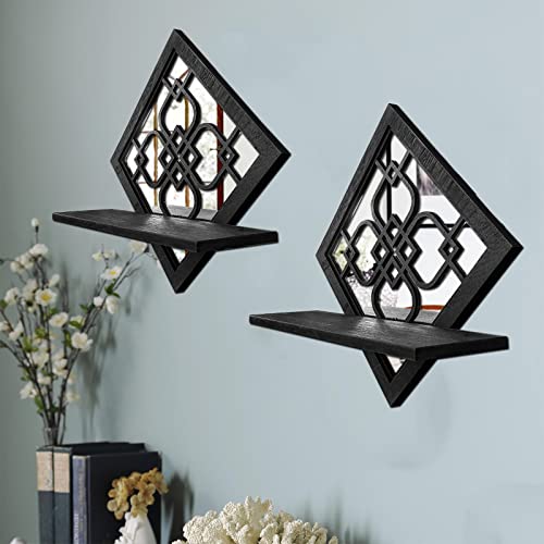 Sxnzequnze 16 Inch Rustic Floating Shelves Set Of 2 Wood Mirrored Shelves Wall Mounted Farmhouse Home Decor Hanging Wall Art For Living Rroom Bathroom Bedroom-Black Set #TOP5