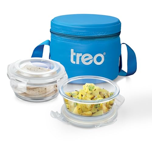 Image of Treo by Milton Sky Lite Tiffin Horizontal | 2 Round Containers (400 ml Each) with Jacket | Borosilicate Glass | Airtight Leak-Proof Lids | Microwave & Oven Safe | Ideal for Office & Travel, Blue