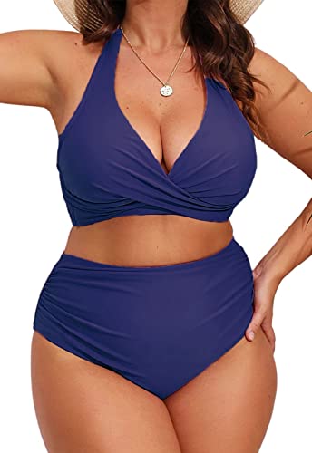 Yutdeng Bikini Talla Grande Braga Alta Trajes de Baño Dos Piezas Push Up con Relleno Bañadores Halter Cuello V Bikini Vientre Plano Pliegues para Natacion Playa ,Azul Marino,XL Mujer