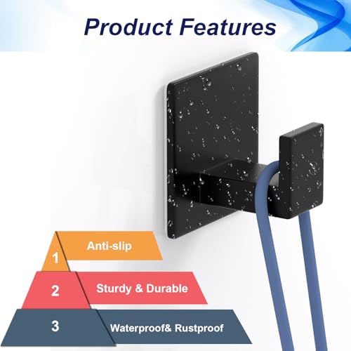 Image of Adhesive Towel Hooks, Shower Hooks for Hanging Robe, Coat, Hat, Loofah, Heavy Duty Wall Hooks Stick on Bathroom, Kitchen and Office (4 Pack, Black)