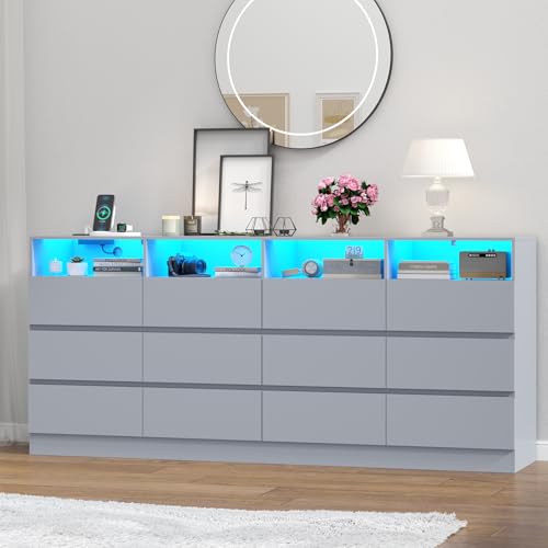 Image of Loomie 12-Cell Divided Drawers Grey Dresser with Charging Station & Led Lights for Bedroom, Long 63 inch Wide Dresser TV Stand for TVs up to 75 inch, Large Dressers Organizer with 4 Open Cubbies