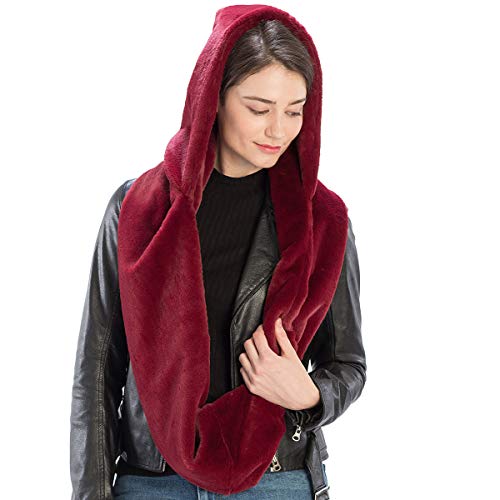 Fashion 21 Women's Soft Faux Fur Infinity Scarf & Infinity Hood Scarf Head Scarf Wrap (2 Styles) (Hooded - Burgundy)
