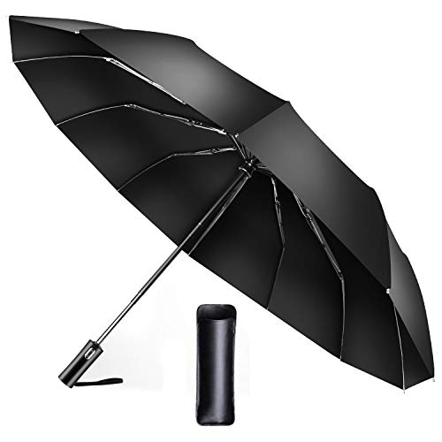 折りたたみ傘 自動開閉【2020強化版 頑丈な12本骨】おりたたみ傘 メンズ 軽量 大きい 超撥水 高強度グラスファイバー ビッグサイズ 日傘 折り畳み傘 レディース 梅雨対策 晴雨兼用 父の日ギフト プレゼント 収納ポーチ付き (ブラック)