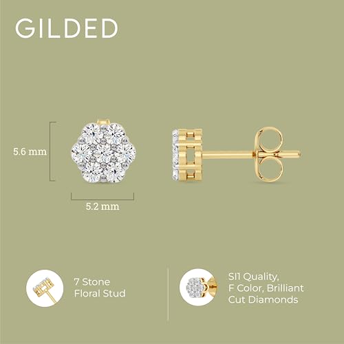 Gilded Lab-Grown Diamond 7 Stone Flower Earrings for Women in 925 Sterling Silver and 14KT Yellow Gold Plated Silver | Hypoallergenic Fine Jewelry | Hinged Closure | SI1 Clarity, F Color |1/4,1/2, 1,2 Carat Total Weight4