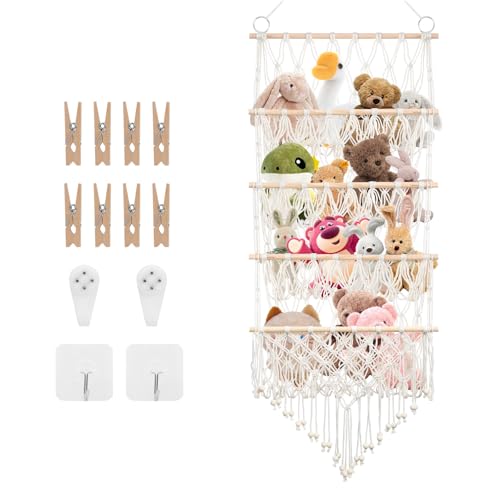 4-layer Versatile Plush Toy Holder Large-Capacity Vertical Toy Storage Organizer Safe Nursery Hanging Organizer Stable Stuffed Animals Holder for Plushies Storage Organizer Mesh Boys Girls Room Decor