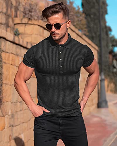 Muscle Polo Shirts for Men Short Sleeve Slim Fit Golf Shirts for Men Casual Dry Fit T Shirts Ribbed Knit Bowling Shirts4