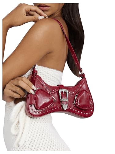 WDIRARA Women's Studded Detail Underarm Bag Buckle Decor Clutch Purse Flap Zipper Funky Shoulder Handbag2