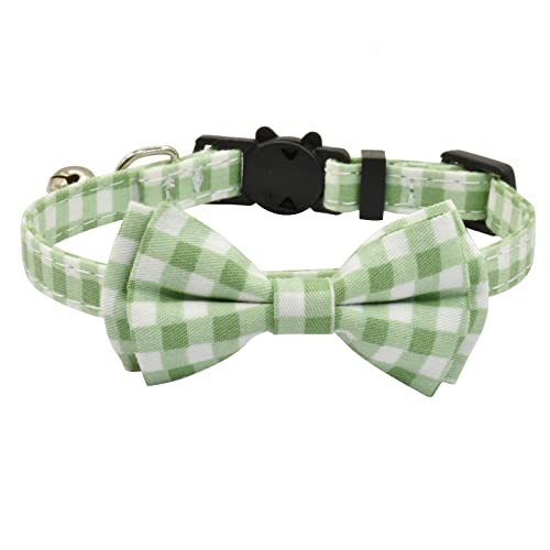 Image of Bowtie Cat Collars Breakaway with Bell, Adjustable Cute Kitty Collars Safety Buckle Kitten Collar for Cat Puppy 7.5-11in (Green Plaid)