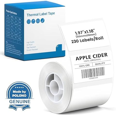 POLONO Thermal Labels for PM220S Label Maker, 1.97"x1.18" (50x30mm), Multi-Purpose Thermal Sticker Label Tape, Self-Adhesive Thermal Paper for Home, Office, 230 Labels/1Roll, White Cover