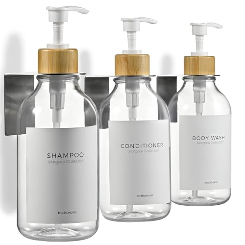 Image of Shampoo and Conditioner Dispenser Wall Mounted Set of 3 Clear Bamboo - No Drill Shower Soap Dispenser for Bathroom Refillable - Spa Hotel Style Accessories by MaisoNovo | 500 ml Shower Gel Dispenser Set of 3. Refillable Shampoo and Conditioner Bottles. Drill Free Secure Design. Clear Bamboo