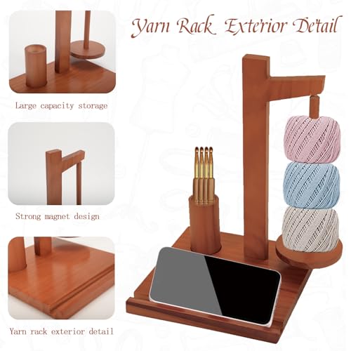 Image of BXTubuw Yarn Holder with Magnetic Rotating & Storage Tray, Wooden Yarn Spinner for Crocheting and Knitting, Crochet Gift for Knitting Lovers Thanksgiving
