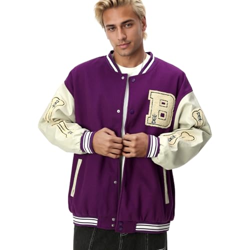 Image of Mens Varsity Jacket Baseball Bomber Jacket Vintage Unisex Streetwear Coats with Patchwork Hipster Utility Tops