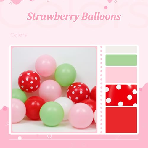 Image of 60pcs Strawberry Balloons 12inch, Pink and Red Balloons with White Light Green Balloon for Strawberry Baby Shower Birthday Party Decorations