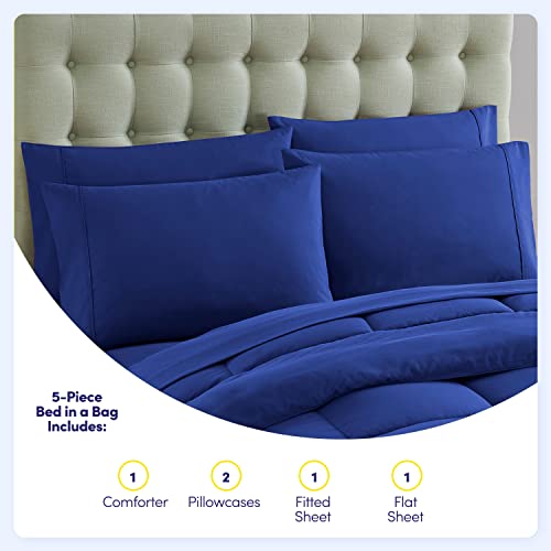 Sweet Home Collection 5 Piece Comforter Set Bag Solid Color All Season Soft Down Alternative Blanket & Luxurious Microfiber Bed Sheets, Royal Blue, Twin
