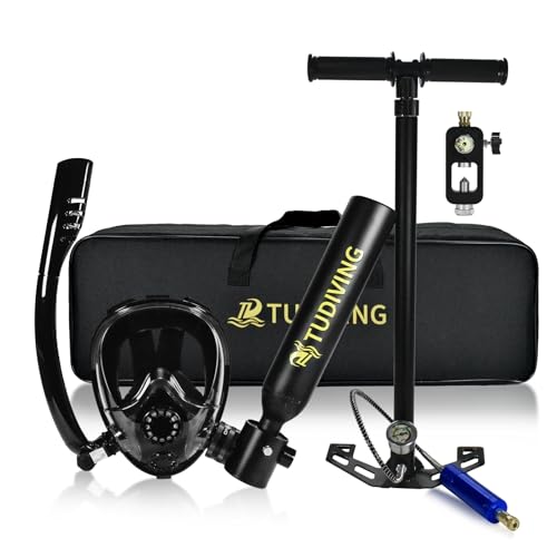 TUDIVING-0.5L Portable Mini Scuba Tank with Pump,Diving Oxygen Cylinder with Full Face Snorkel Mask,Lung Tank Kits for Underwater Diving Breathing Training/Rescue/Boat Cleaning (S200Plus A1 Black)