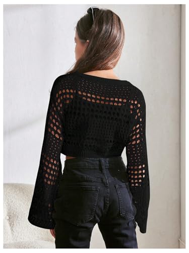 Image of RoseSeek Girl's Hollow Out Knitted Crop Sweater Long Sleeve Crew Neck Drop Shoulder Sheer Pullovers Knitwear