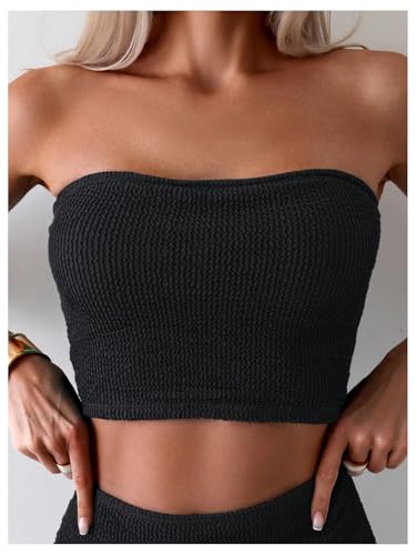 OYOANGLE Women's 2 Piece Strapless Swimsuit High Waisted Smocked Bandeau Bathing Suit3